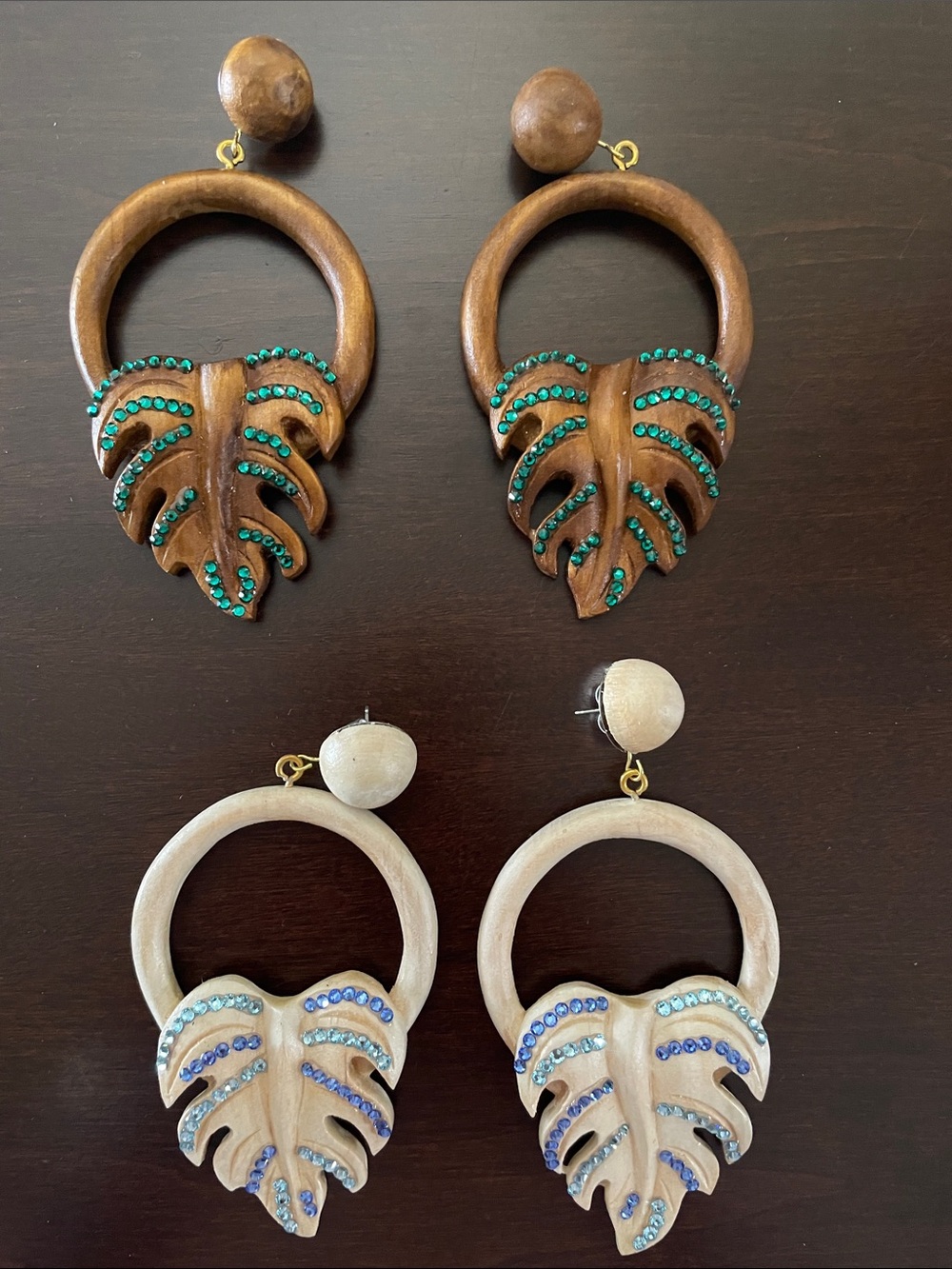 Handcrafted Wood Monstera Statement Earrings in Brown and Cream